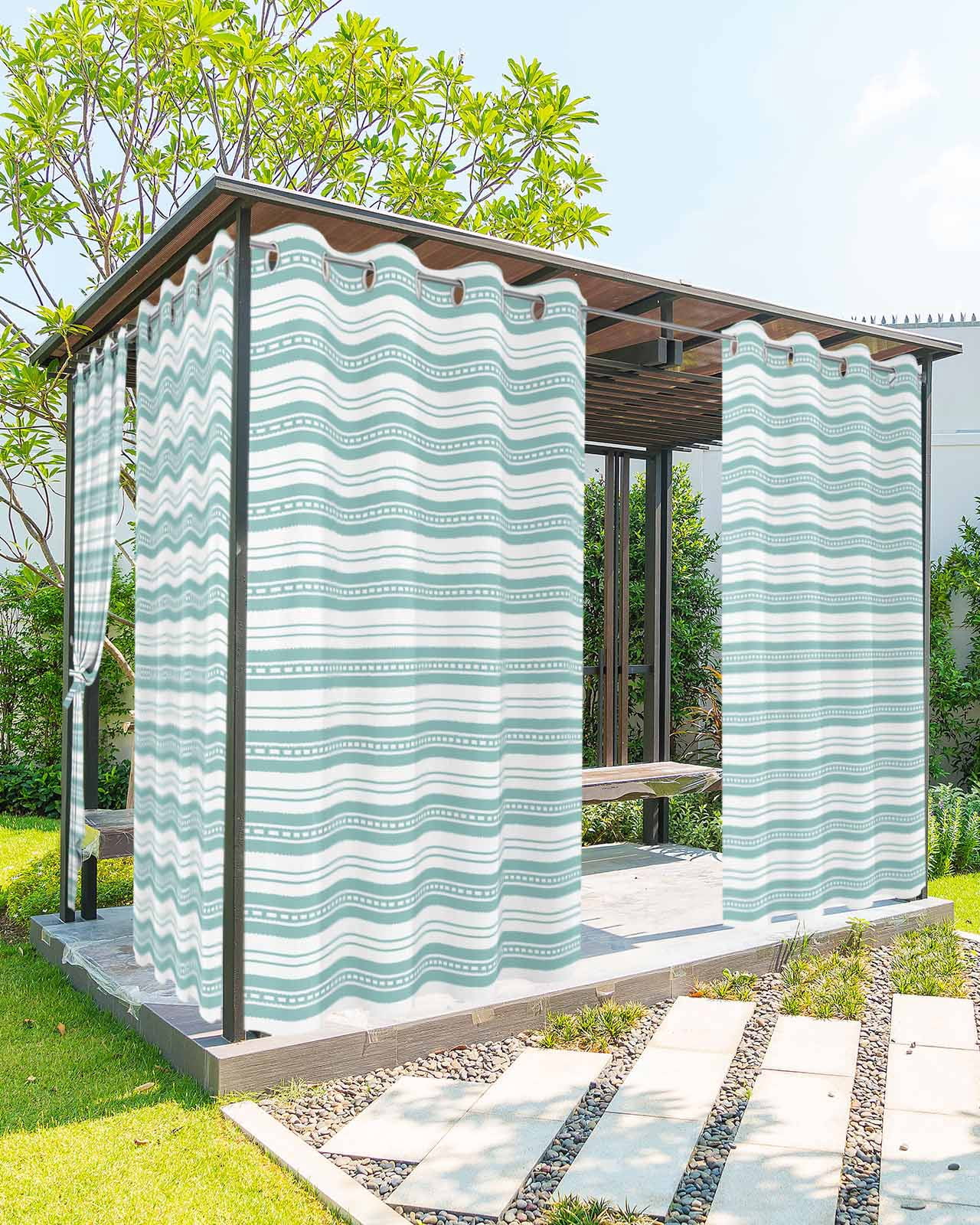 nqOlkjepod Outdoor Curtains for Patio Waterproof, Boho Turquoise Stripe Outdoor Privacy Panels Grommet, Abstract Geometric White Minimalist Blackout Outside Curtains for Porch 54"x108", 2 Panels