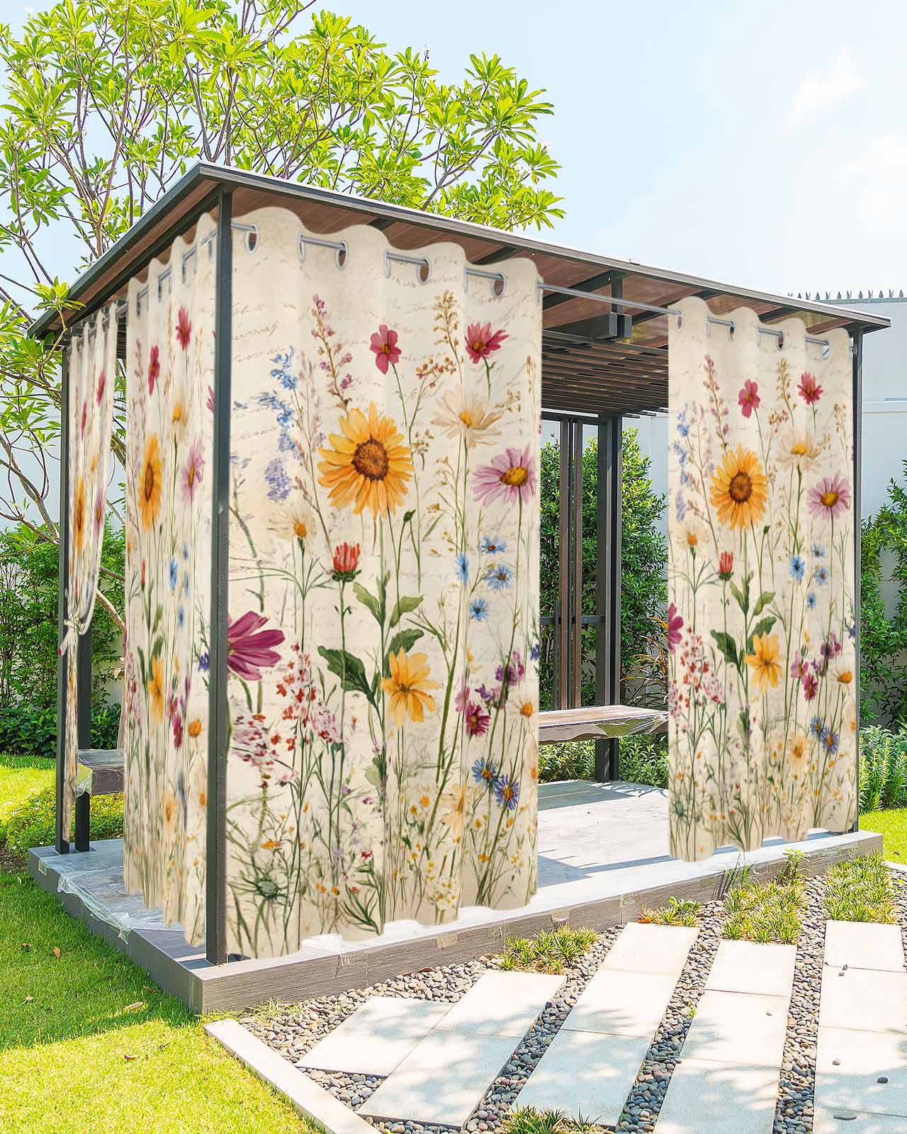 nqOlkjepod Outdoor Curtains for Patio Waterproof, Botanical Floral Outdoor Privacy Panels Grommet, Retro Purple Pink Yellow Wildflowers Blackout Outside Curtains for Porch/Cabana 54"x95", 1 Panel