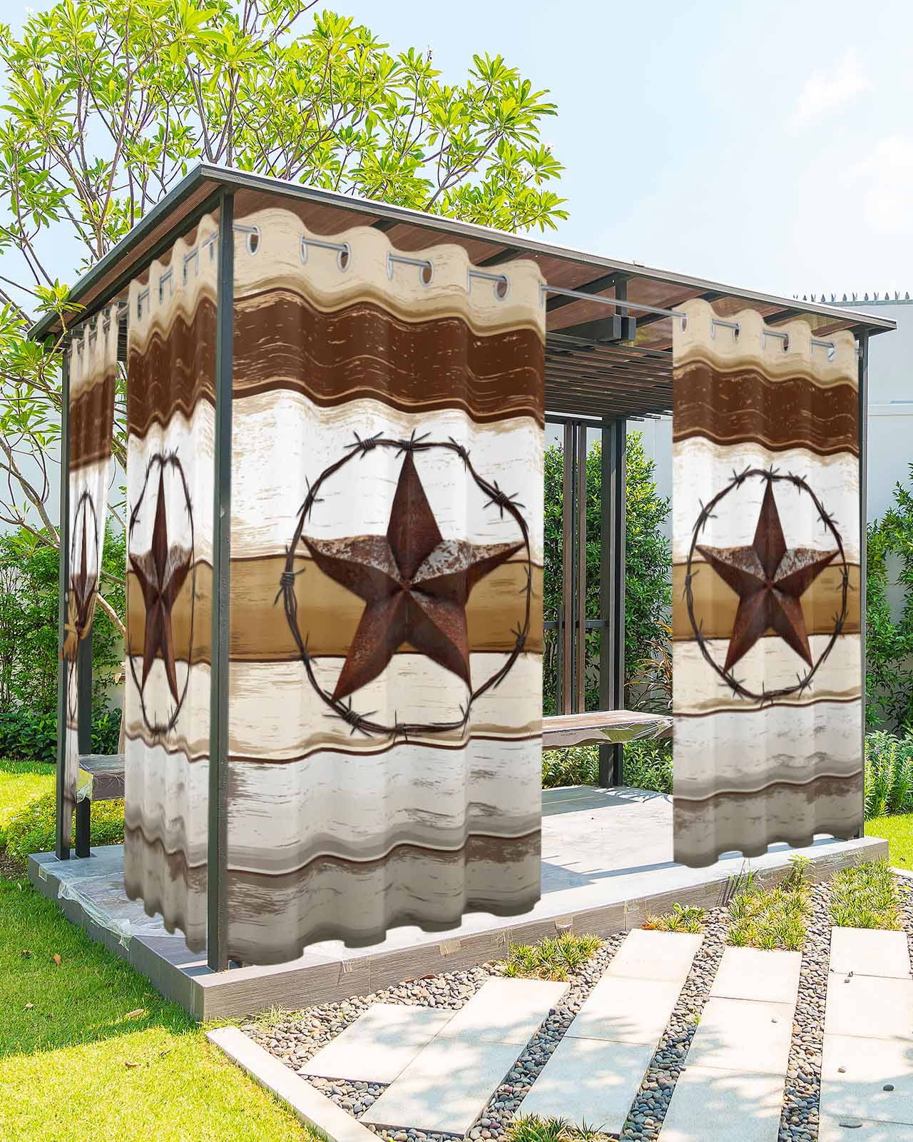 nqOlkjepod Outdoor Curtains for Patio Waterproof, Brown Beige Texas Star Outdoor Privacy Panels Grommet, Vintage Stars Wooden Blackout Outside Curtains for Porch/Cabana/Pergola 54"x108", 2 Panels