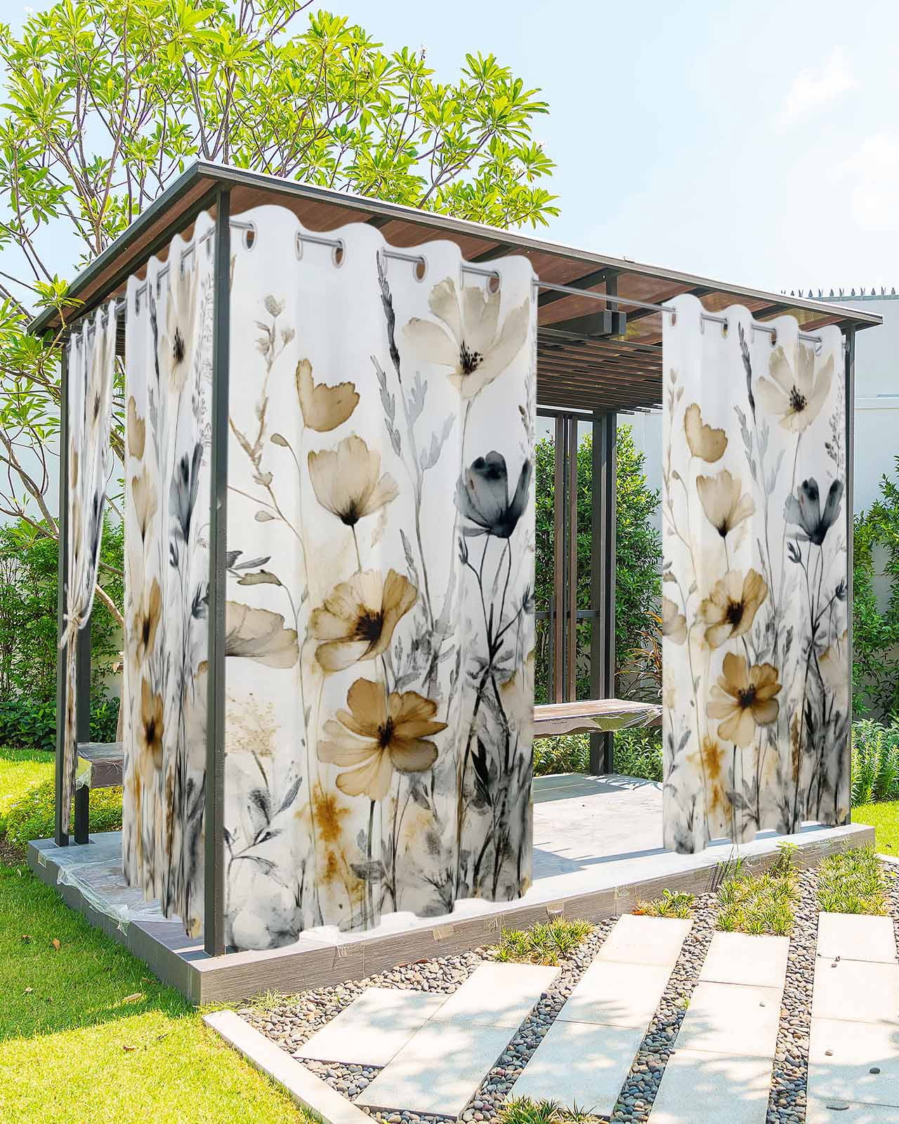 nqOlkjepod Outdoor Curtains for Patio Waterproof, Brown Retro Floral Outdoor Privacy Panels Grommet, Spring Botanical Wildflowers Blackout Outside Curtains for Porch/Cabana/Pergola 54"x84", 2 Panels