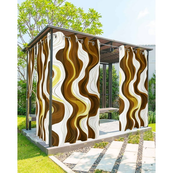 nqOlkjepod Outdoor Curtains for Patio Waterproof, Brown Stripe Outdoor Privacy Panels Grommet, Gold Geometric White Coastal Wave Modern Ocean Blackout Outside Curtains for Porch 54"x95", 2 Panels
