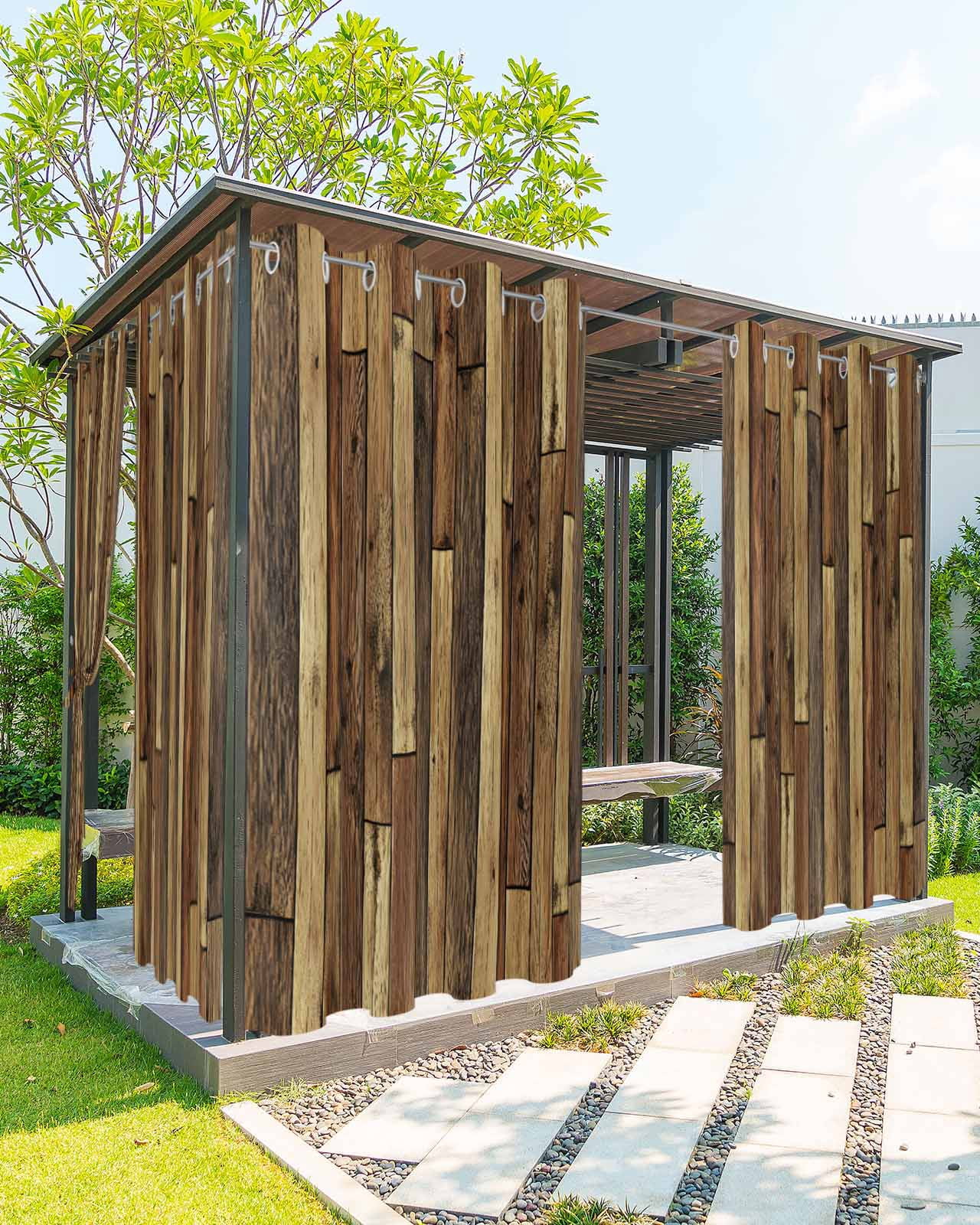 nqOlkjepod Outdoor Curtains for Patio Waterproof, Brown Wooden Grain Outdoor Privacy Panels Grommet, Farmhouse Vintage Stitching Art Blackout Outside Curtains for Porch/Cabana 54"x95", 2 Panels