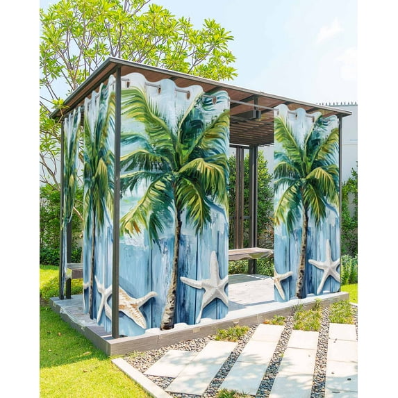 nqOlkjepod Outdoor Curtains for Patio Waterproof, Coastal Beach Outdoor Privacy Panels Grommet, Green Tropical Palm Vintage Blue Wood Grain Blackout Outside Curtains for Porch 54"x95", 1 Panel
