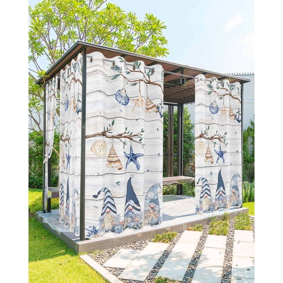nqOlkjepod Outdoor Curtains for Patio Waterproof, Coastal Eucalyptus Outdoor Privacy Panels Grommet, Ocean Blue Gnomes Starfish Leaf Wood Grain Blackout Outside Curtains for Porch 54"x108", 2 Panels
