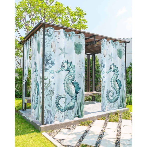 nqOlkjepod Outdoor Curtains for Patio Waterproof, Coastal Seahorse Outdoor Privacy Panels Grommet, Ocean Nautical Starfish Seashells Coral Blackout Outside Curtains for Porch/Cabana 54"x95", 1 Panel
