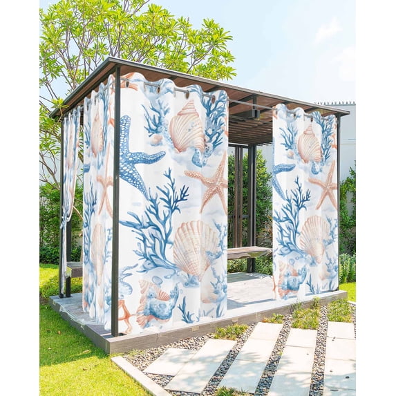 nqOlkjepod Outdoor Curtains for Patio Waterproof, Coastal Starfish Outdoor Privacy Panels Grommet, Ocean Coral Seashell Conch Watercolor Blackout Outside Curtains for Porch/Cabana 54"x84", 1 Panel