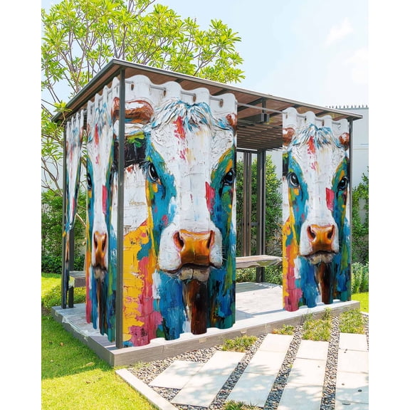 nqOlkjepod Outdoor Curtains for Patio Waterproof, Colorful Cow Outdoor Privacy Panels Grommet, Rustic Vintage Abstract Oil Painting Art Blackout Outside Curtains for Porch/Cabana 54"x108", 2 Panels