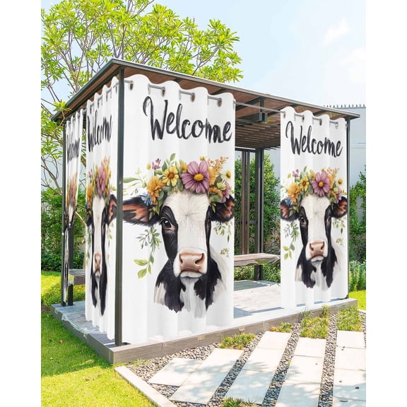 nqOlkjepod Outdoor Curtains for Patio Waterproof, Cow Flower Outdoor Privacy Panels Grommet, Cute Farm Animal Pastoral Pastel Blooms Blackout Outside Curtains for Porch/Cabana 54"x108", 2 Panels