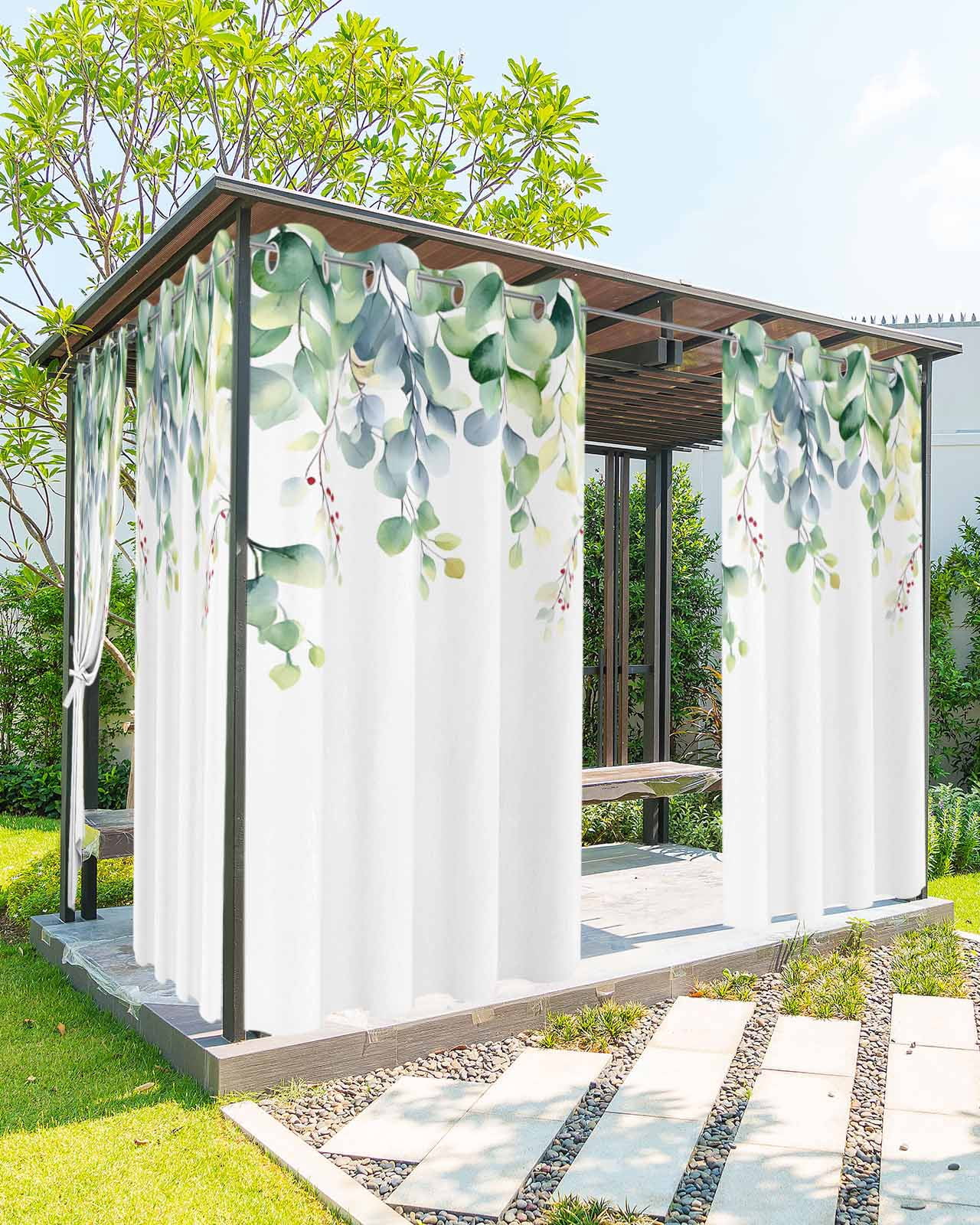 nqOlkjepod Outdoor Curtains for Patio Waterproof, Eucalyptus Outdoor Privacy Panels Grommet, Farm Leaves Boho Watercolor Leaves Spring Blackout Outside Curtains for Porch/Cabana 54"x84", 2 Panels