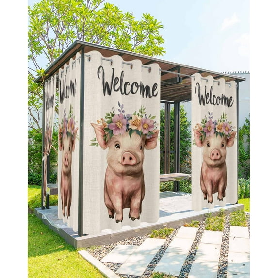nqOlkjepod Outdoor Curtains for Patio Waterproof, Floral Pig Outdoor Privacy Panels Grommet, Botanical Garden Flowers Spring Animal Blackout Outside Curtains for Porch/Cabana 54"x84", 2 Panels