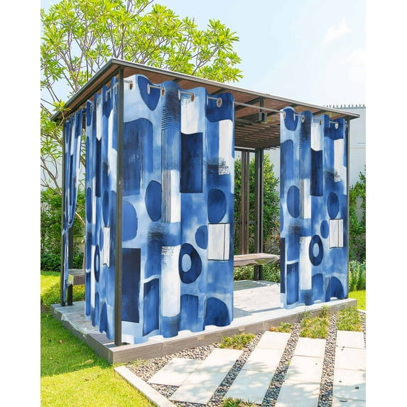 nqOlkjepod Outdoor Curtains for Patio Waterproof, Geometric Blue Outdoor Privacy Panels Grommet, Middle Century Vintage Art Aesthetic Blackout Outside Curtains for Porch/Cabana 54"x84", 1 Panel