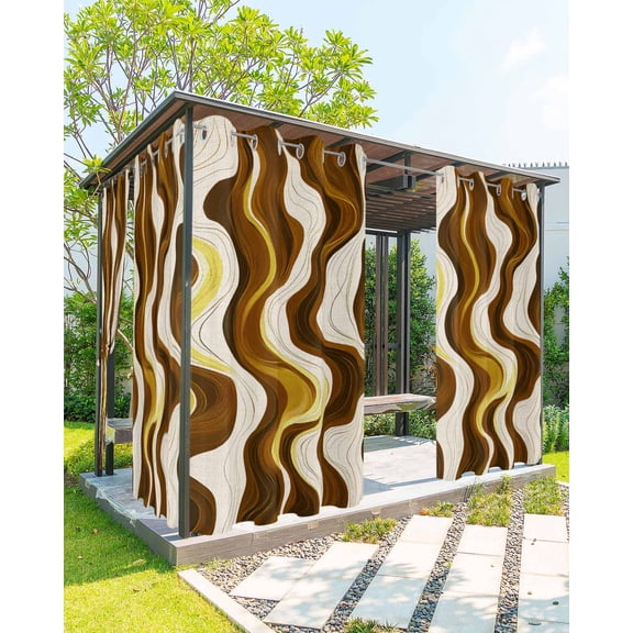 nqOlkjepod Outdoor Curtains for Patio Waterproof, Geometric Brown Outdoor Privacy Panels Grommet, Gold Vintage White Stripe Coastal Sea Wave Blackout Outside Curtains for Porch 54"x108", 1 Panel