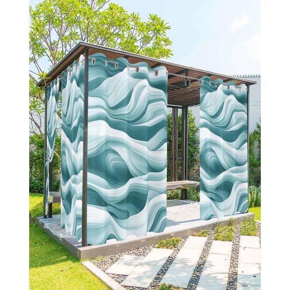 nqOlkjepod Outdoor Curtains for Patio Waterproof, Geometric Stripes Outdoor Privacy Panels Grommet, Ombre Teal White Sea Waves Blackout Outside Curtains for Porch/Cabana/Pergola 54"x108", 1 Panel