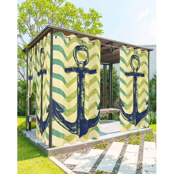 nqOlkjepod Outdoor Curtains for Patio Waterproof, Green Nautical Anchor Outdoor Privacy Panels Grommet, Vintage Ombre Zigzag Stripe Blackout Outside Curtains for Porch/Cabana 54"x95", 1 Panel
