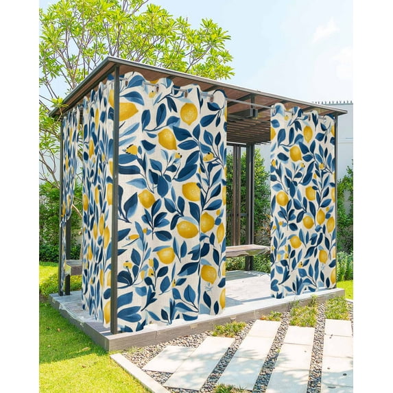 nqOlkjepod Outdoor Curtains for Patio Waterproof, Lemon Outdoor Privacy Panels Grommet, Watercolor Yellow Blue Fruit Branch Flower Blackout Outside Curtains for Porch/Cabana 54"x108", 1 Panel
