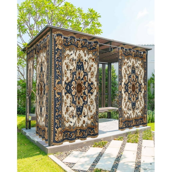 nqOlkjepod Outdoor Curtains for Patio Waterproof, Navy Blue Brown Boho Outdoor Privacy Panels Grommet, Southwestern Ethnic Geometric Classical Blackout Outside Curtains for Porch 54"x95", 2 Panels
