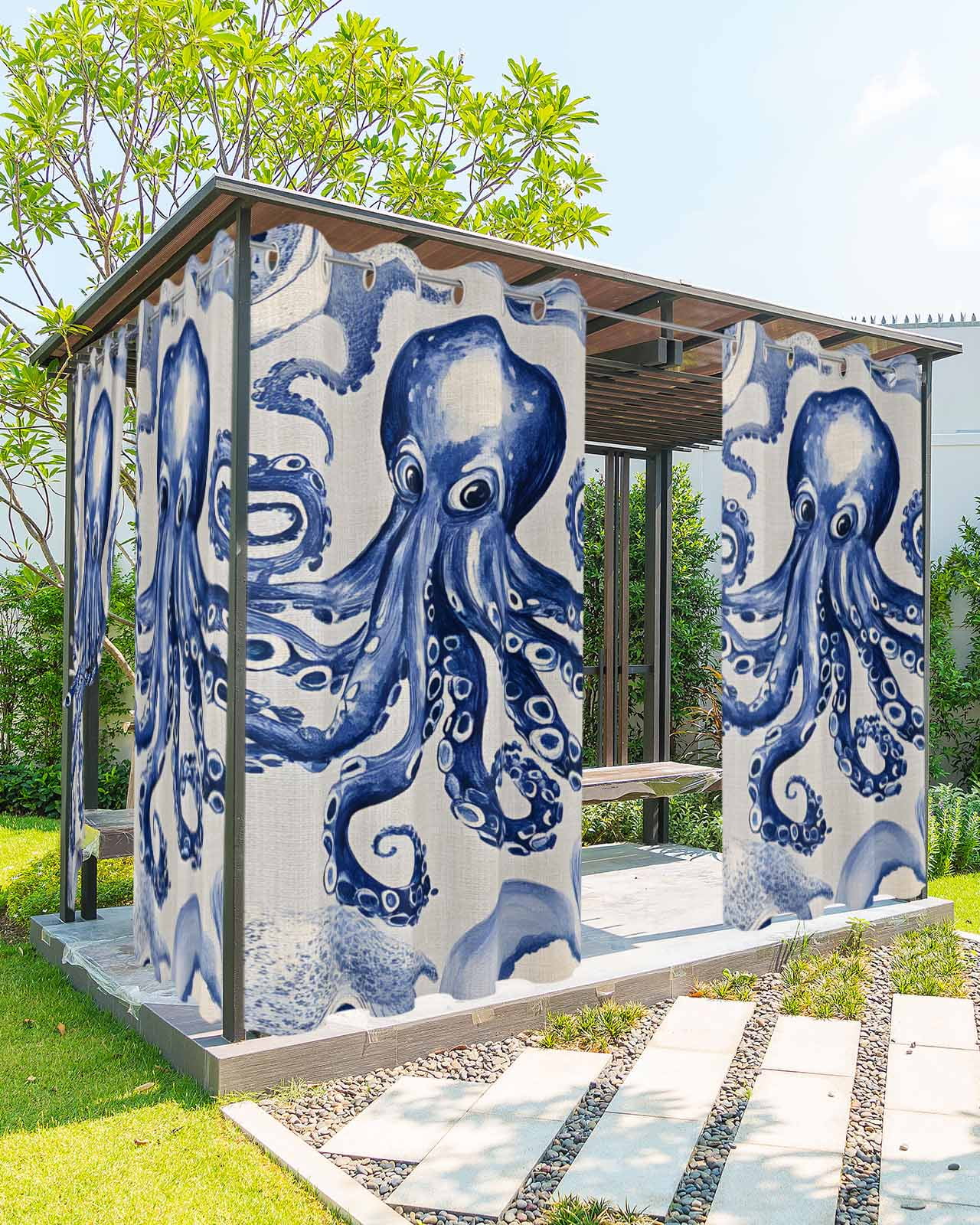 nqOlkjepod Outdoor Curtains for Patio Waterproof, Navy Blue Octopus ...
