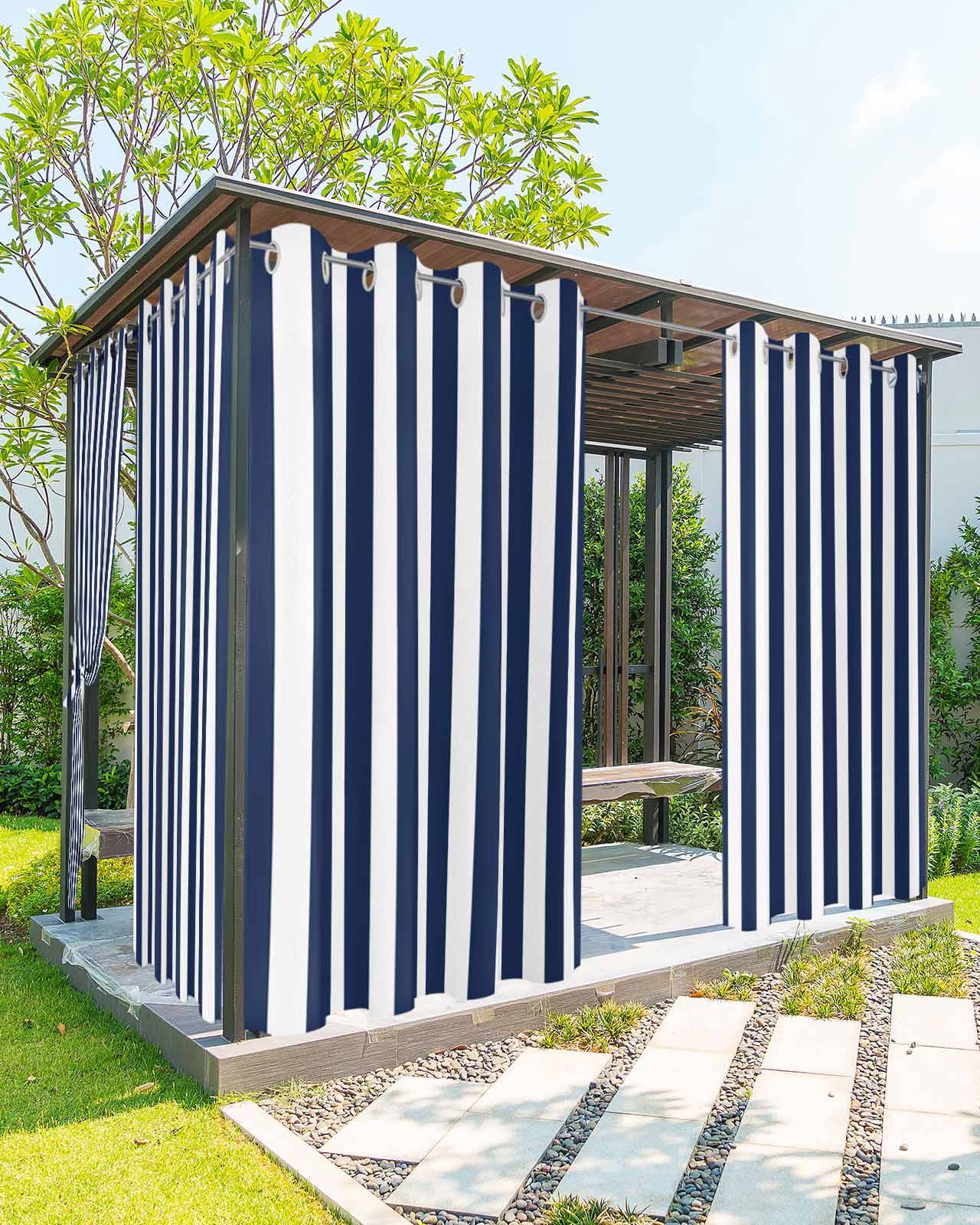 nqOlkjepod Outdoor Curtains for Patio Waterproof, Navy Blue Striped Outdoor Privacy Panels Grommet, Modern Farmhouse Blue White Stripes Blackout Outside Curtains for Porch/Cabana 54"x108", 1 Panel