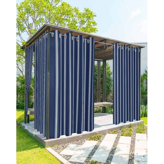 nqOlkjepod Outdoor Curtains for Patio Waterproof, Navy Blue Striped Outdoor Privacy Panels Grommet, Navy Blue White Farmhouse Stripes Blackout Outside Curtains for Porch/Cabana 54"x108", 1 Panel
