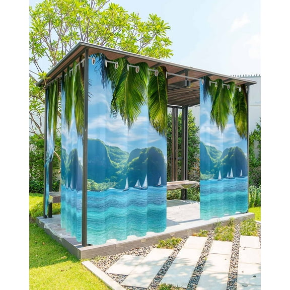 nqOlkjepod Outdoor Curtains for Patio Waterproof, Ocean Blue Outdoor Privacy Panels Grommet, Palm Trees Forest Mountain Nature Scenery Blackout Outside Curtains for Porch/Cabana 54"x84", 1 Panel