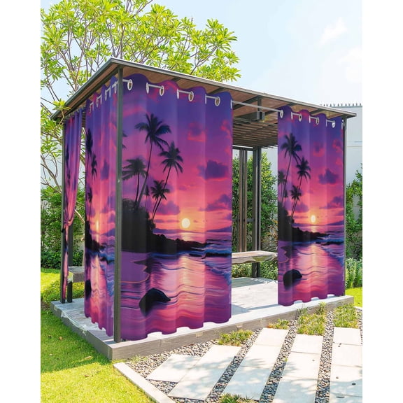 nqOlkjepod Outdoor Curtains for Patio Waterproof, Ocean Sunset Outdoor Privacy Panels Grommet, Summer Ocean Scenery Tropical Palm Tree Blackout Outside Curtains for Porch/Cabana 54"x95", 1 Panel
