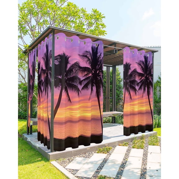 nqOlkjepod Outdoor Curtains for Patio Waterproof, Ocean Sunset Outdoor Privacy Panels Grommet, Summer Seashore Palm Tree Gradient Sky Blackout Outside Curtains for Porch/Cabana 54"x84", 1 Panel