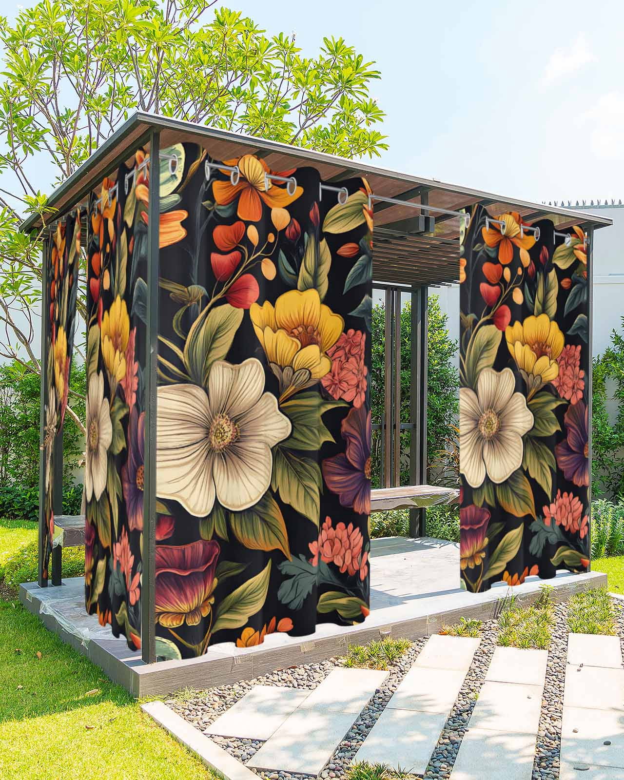 nqOlkjepod Outdoor Curtains for Patio Waterproof, Orange Flower Outdoor Privacy Panels Grommet, Sunflower Watercolor Plant Floral Leaf Blackout Outside Curtains for Porch/Cabana 54"x108", 2 Panels