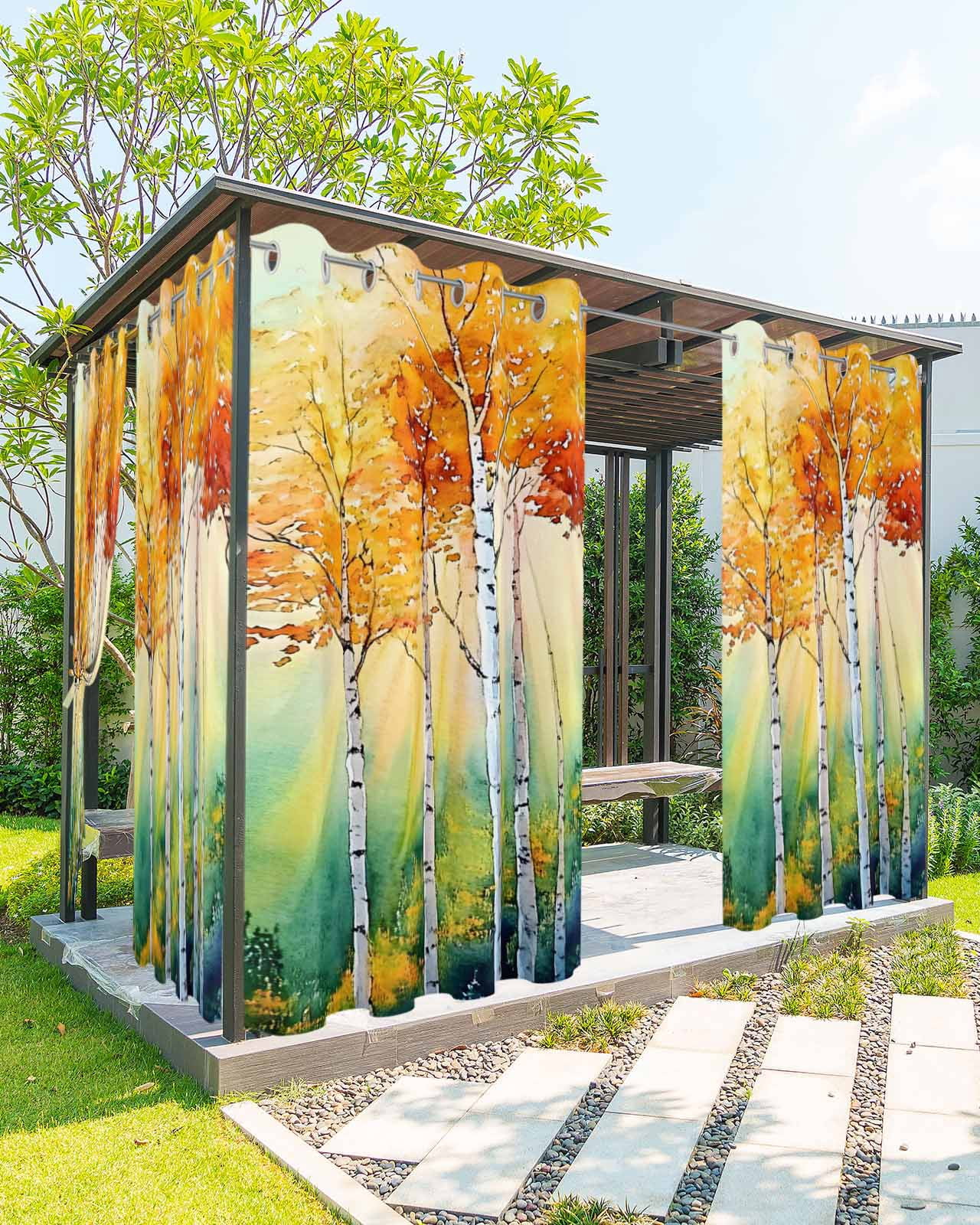 nqOlkjepod Outdoor Curtains for Patio Waterproof, Orange Green Trees Outdoor Privacy Panels Grommet, Watercolor Chic Beanch Leaf Blackout Outside Curtains for Porch/Cabana/Pergola 54"x95", 2 Panels