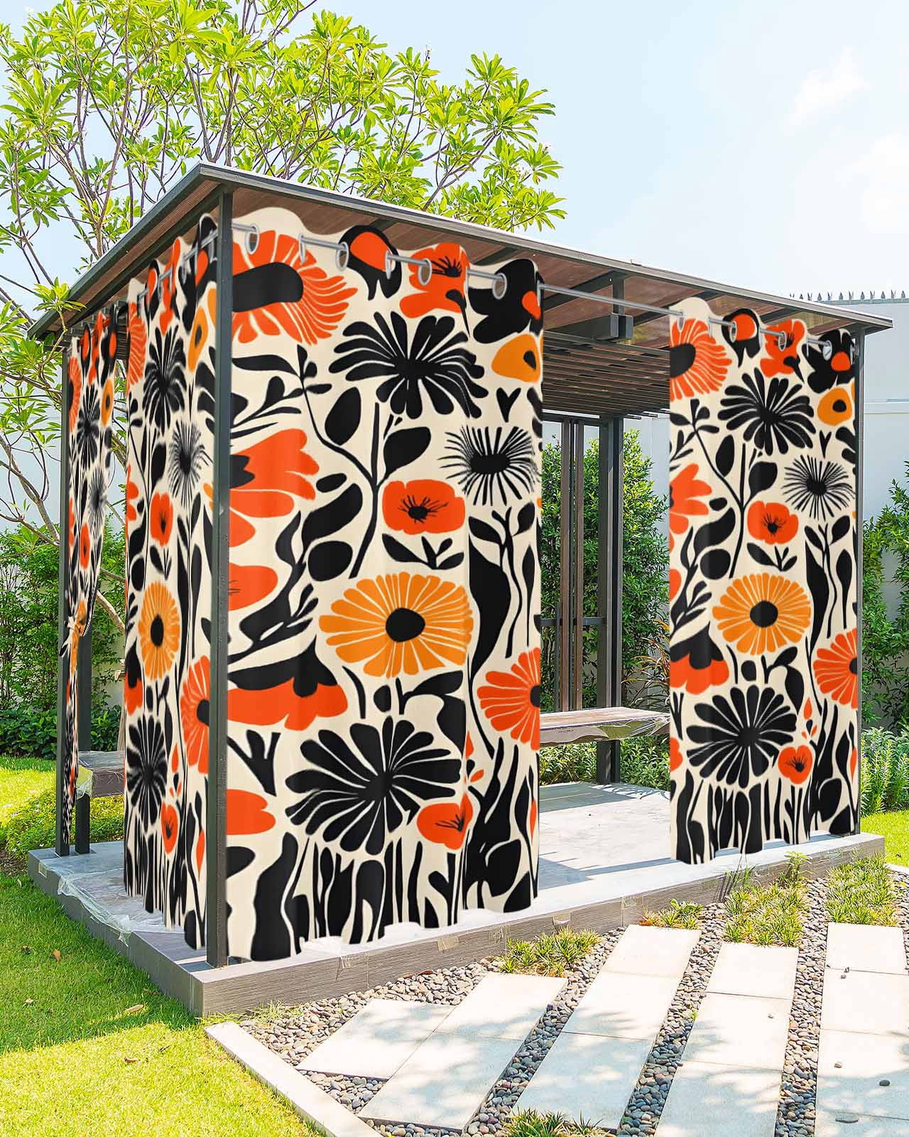 nqOlkjepod Outdoor Curtains for Patio Waterproof, Orange Yellow Black Outdoor Privacy Panels Grommet, Summer Botanical Tropical Leaf Blackout Outside Curtains for Porch/Cabana 54"x84", 1 Panel
