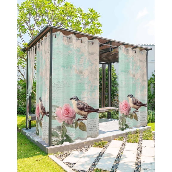 nqOlkjepod Outdoor Curtains for Patio Waterproof, Pink Flower Outdoor Privacy Panels Grommet, Spring Bird Branch Blue Vintage Mottled Blackout Outside Curtains for Porch/Cabana 54"x84", 1 Panel