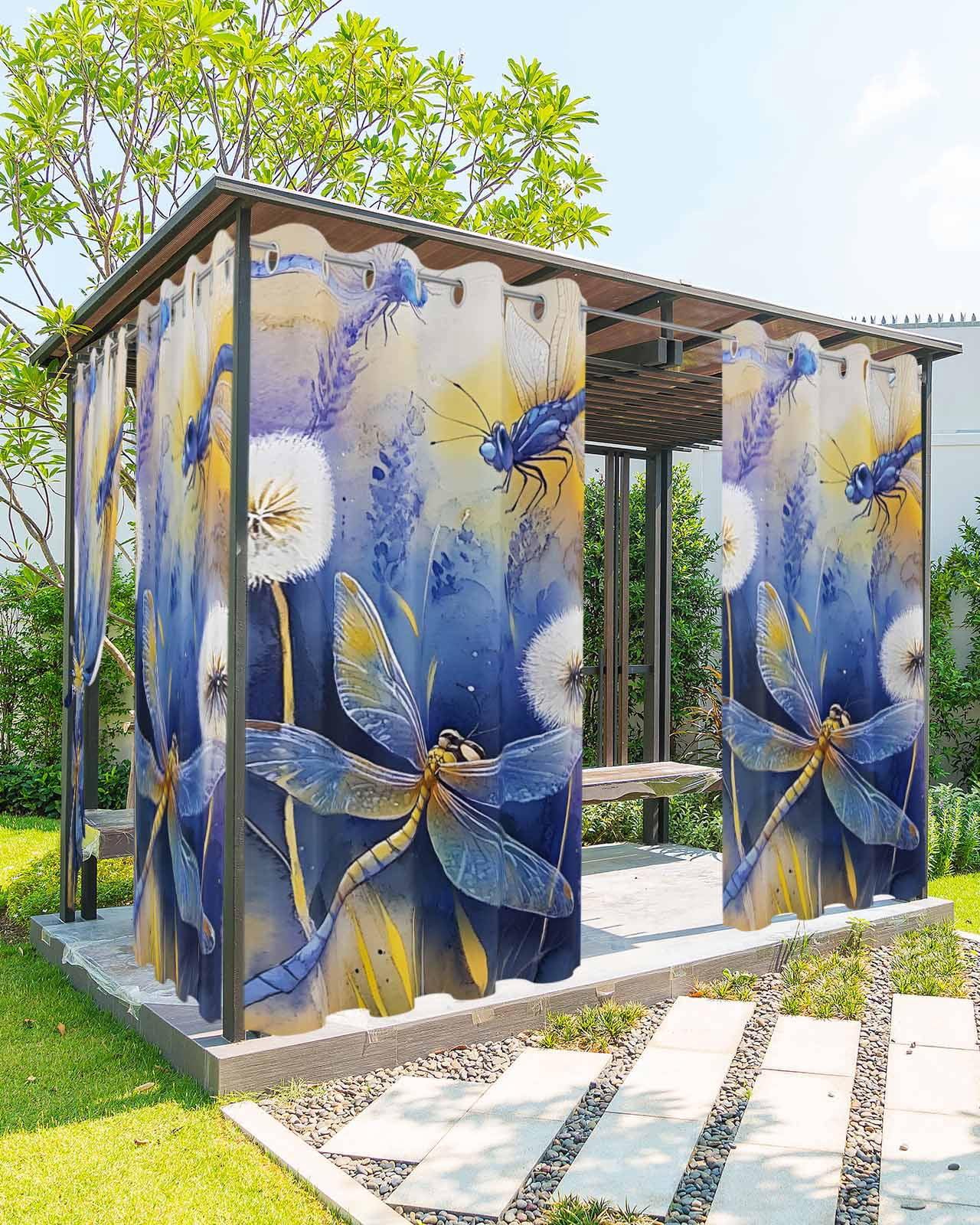 nqOlkjepod Outdoor Curtains for Patio Waterproof, Purple Dragonfly Outdoor Privacy Panels Grommet, Watercolor Spring Summer Floral Blackout Outside Curtains for Porch/Cabana 54"x108", 1 Panel