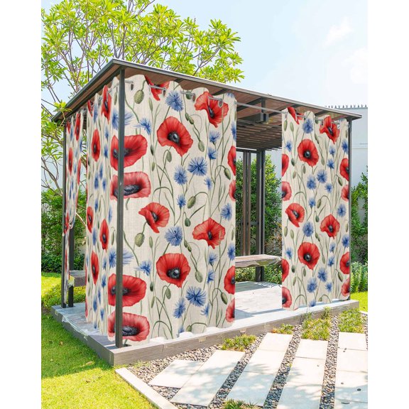 nqOlkjepod Outdoor Curtains for Patio Waterproof, Red Poppy Flower Outdoor Privacy Panels Grommet, Blue Daisy Floral Patriotic 4th of July Blackout Outside Curtains for Porch/Cabana 54"x84", 1 Panel