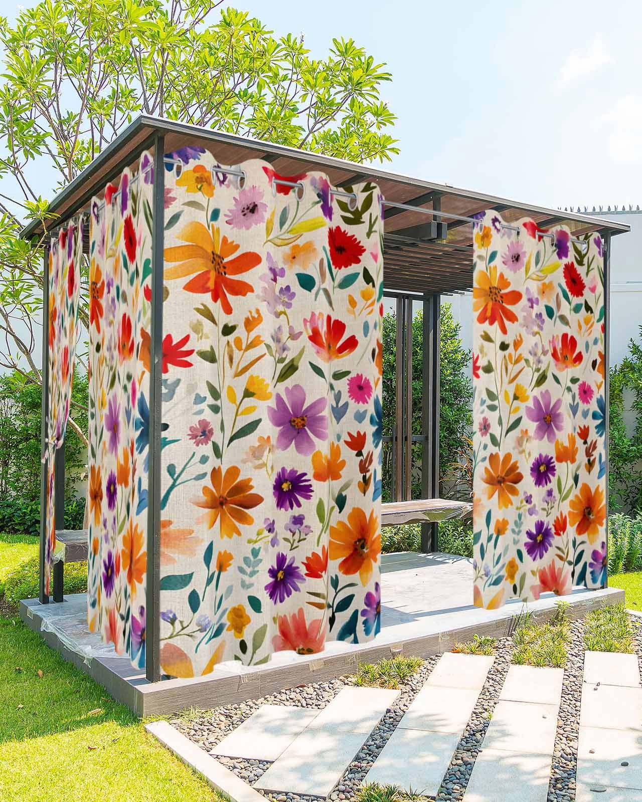 nqOlkjepod Outdoor Curtains for Patio Waterproof, Spring Flowers Outdoor Privacy Panels Grommet, Beige Retro Floral Country Botanical Blackout Outside Curtains for Porch/Cabana 54"x84", 2 Panels