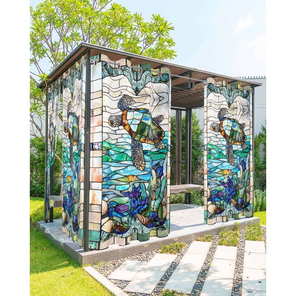 nqOlkjepod Outdoor Curtains for Patio Waterproof, Stained Glass Sea Turtle Outdoor Privacy Panels Grommet, Summer Coastal Ocean Jellyfish Blackout Outside Curtains for Porch/Cabana 54"x95", 2 Panels