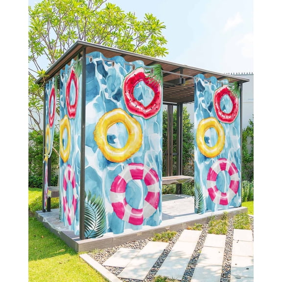 nqOlkjepod Outdoor Curtains for Patio Waterproof, Summer Blue Pool Outdoor Privacy Panels Grommet, Ocean Beach Swimming Ring Vintage Blackout Outside Curtains for Porch/Cabana 54"x84", 1 Panel