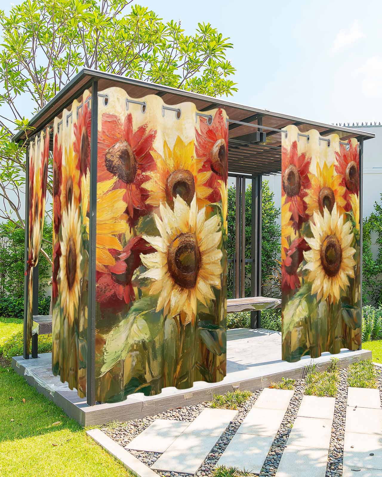 nqOlkjepod Outdoor Curtains for Patio Waterproof, Summer Sunflowers Outdoor Privacy Panels Grommet, Abstract Oil Painting Red Yellow Floral Blackout Outside Curtains for Porch 54"x95", 1 Panel