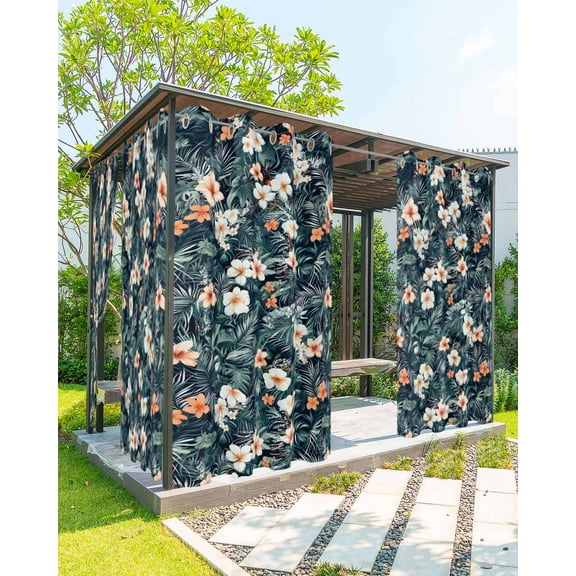 nqOlkjepod Outdoor Curtains for Patio Waterproof, Summer White Flowers Outdoor Privacy Panels Grommet, Green Tropical Palm Leaves Botanical Blackout Outside Curtains for Porch 54"x84", 1 Panel