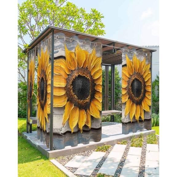 nqOlkjepod Outdoor Curtains for Patio Waterproof, Sunflowers Outdoor Privacy Panels Grommet, Retro Farmhouse Floral Leaves Wooden Grain Blackout Outside Curtains for Porch/Cabana 54"x95", 1 Panel