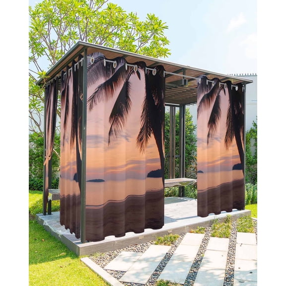nqOlkjepod Outdoor Curtains for Patio Waterproof, Sunset Summer Outdoor Privacy Panels Grommet, Seasides Palm Tree Leaves Scene Blackout Outside Curtains for Porch/Cabana/Pergola 54"x84", 1 Panel