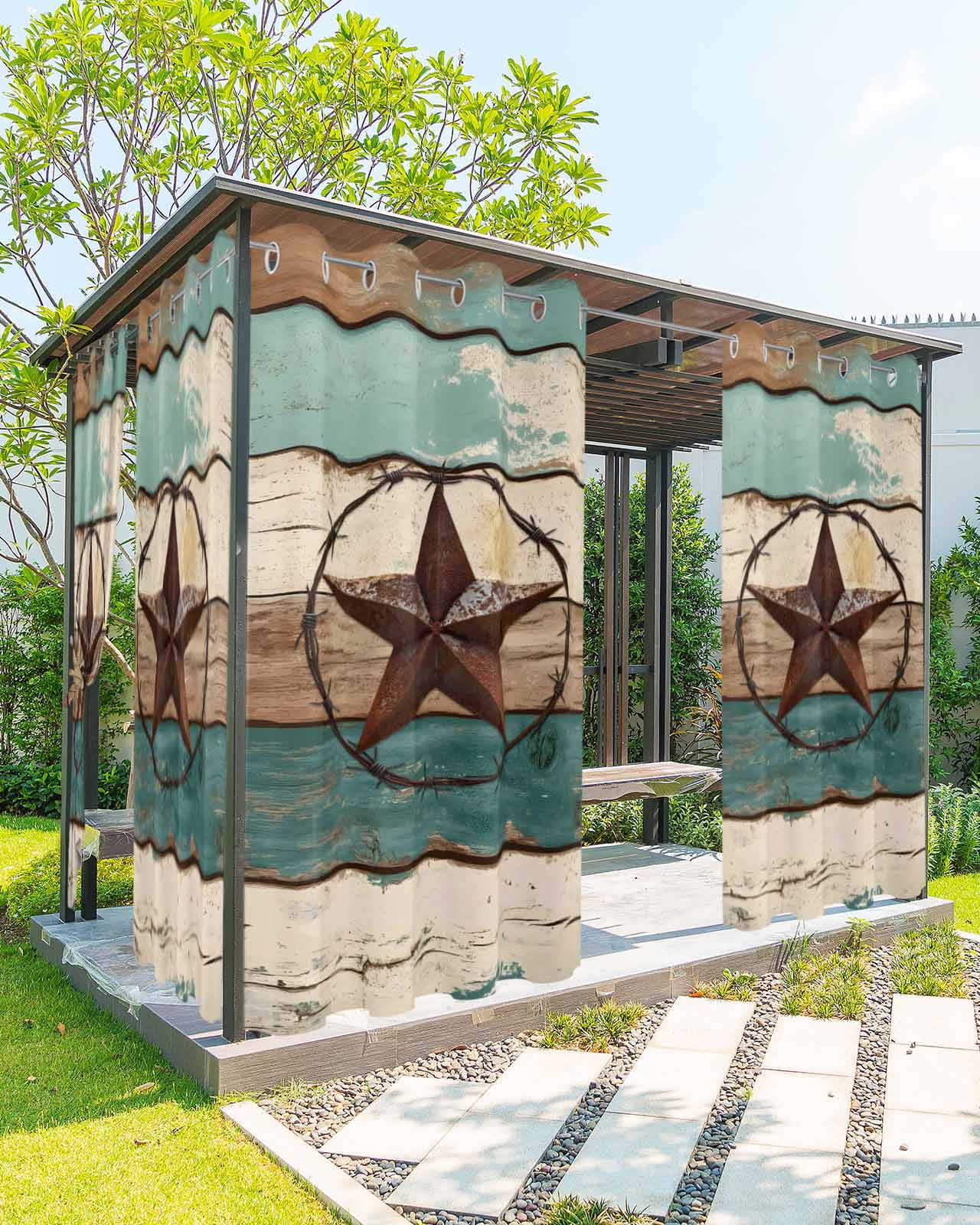 nqOlkjepod Outdoor Curtains for Patio Waterproof, Texas Star Outdoor Privacy Panels Grommet, Country Teal Brown Farmhouse Wooden Blackout Outside Curtains for Porch/Cabana/Pergola 54"x95", 2 Panels