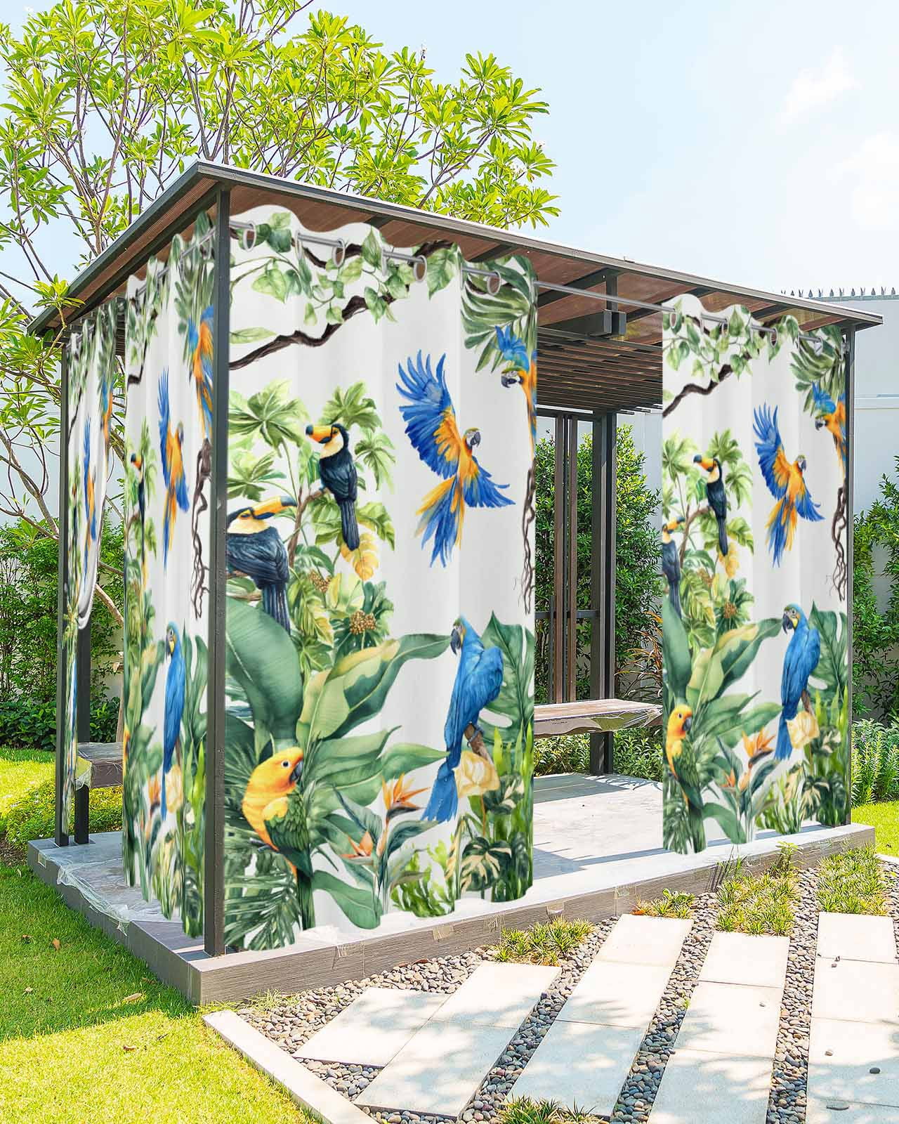 nqOlkjepod Outdoor Curtains for Patio Waterproof, Tropical Toucan Parrot Outdoor Privacy Panels Grommet, Summer Palm Leaf Watercolor Blackout Outside Curtains for Porch/Cabana 54"x84", 2 Panels