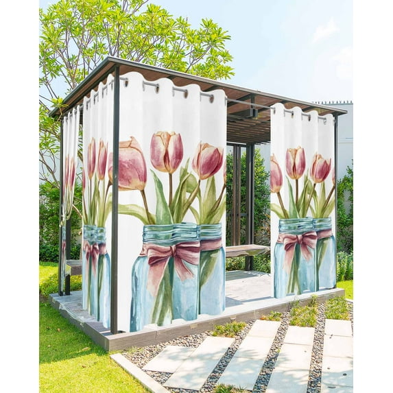 nqOlkjepod Outdoor Curtains for Patio Waterproof, Tulip Flower Outdoor Privacy Panels Grommet, Spring Oil Painting Floral Leaf Bow Vase Blackout Outside Curtains for Porch/Cabana 54"x108", 2 Panels