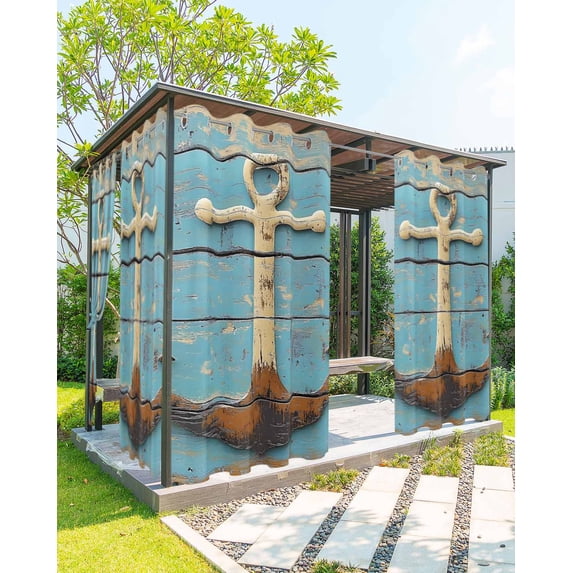 nqOlkjepod Outdoor Curtains for Patio Waterproof, Vintage Anchor Outdoor Privacy Panels Grommet, Coastal Nautical Blue Brown Wooden Blackout Outside Curtains for Porch/Cabana 54"x84", 1 Panel