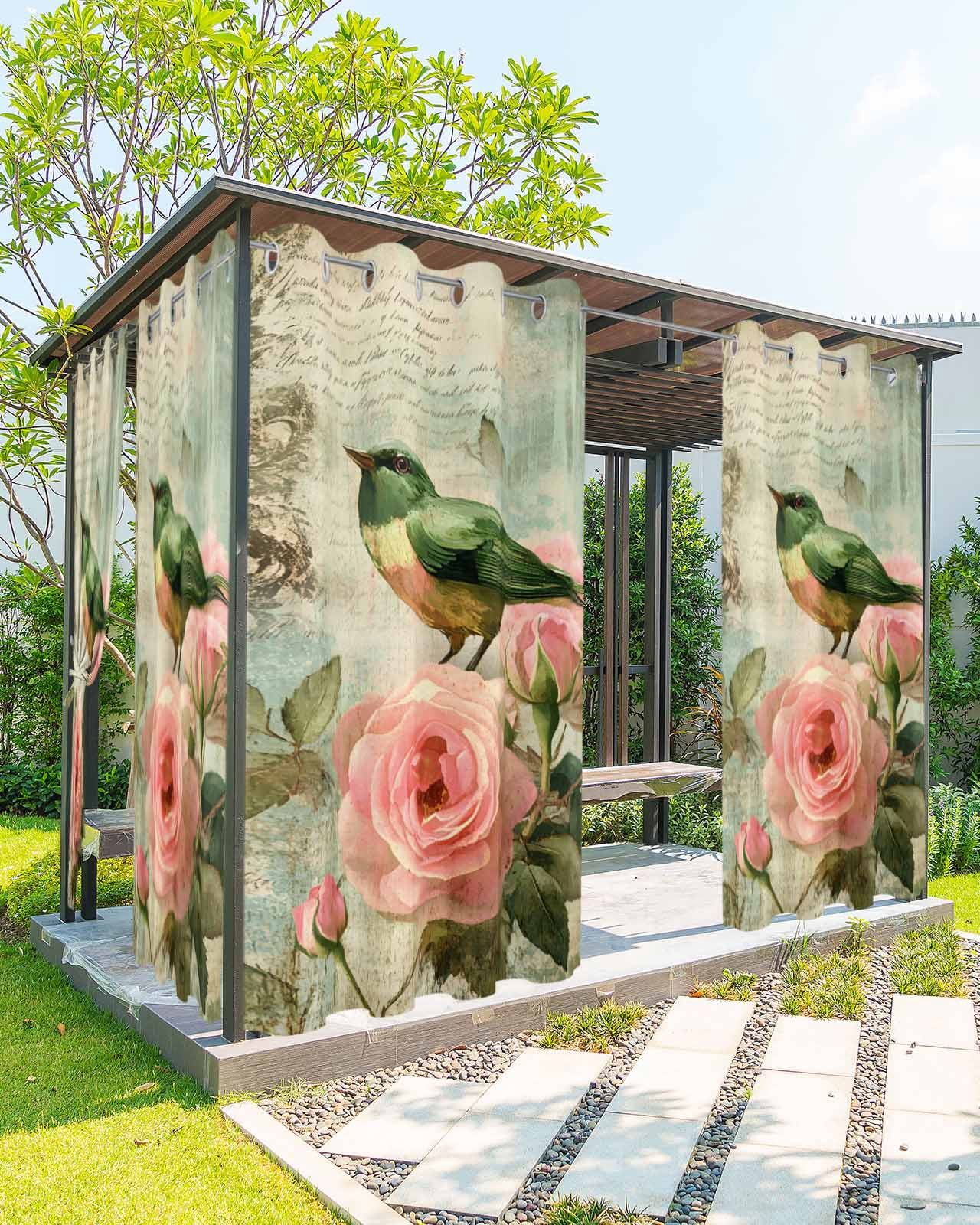 nqOlkjepod Outdoor Curtains for Patio Waterproof, Vintage Pink Floral Outdoor Privacy Panels Grommet, Birds Retro Mottled Middle Century Blackout Outside Curtains for Porch/Cabana 54"x108", 1 Panel