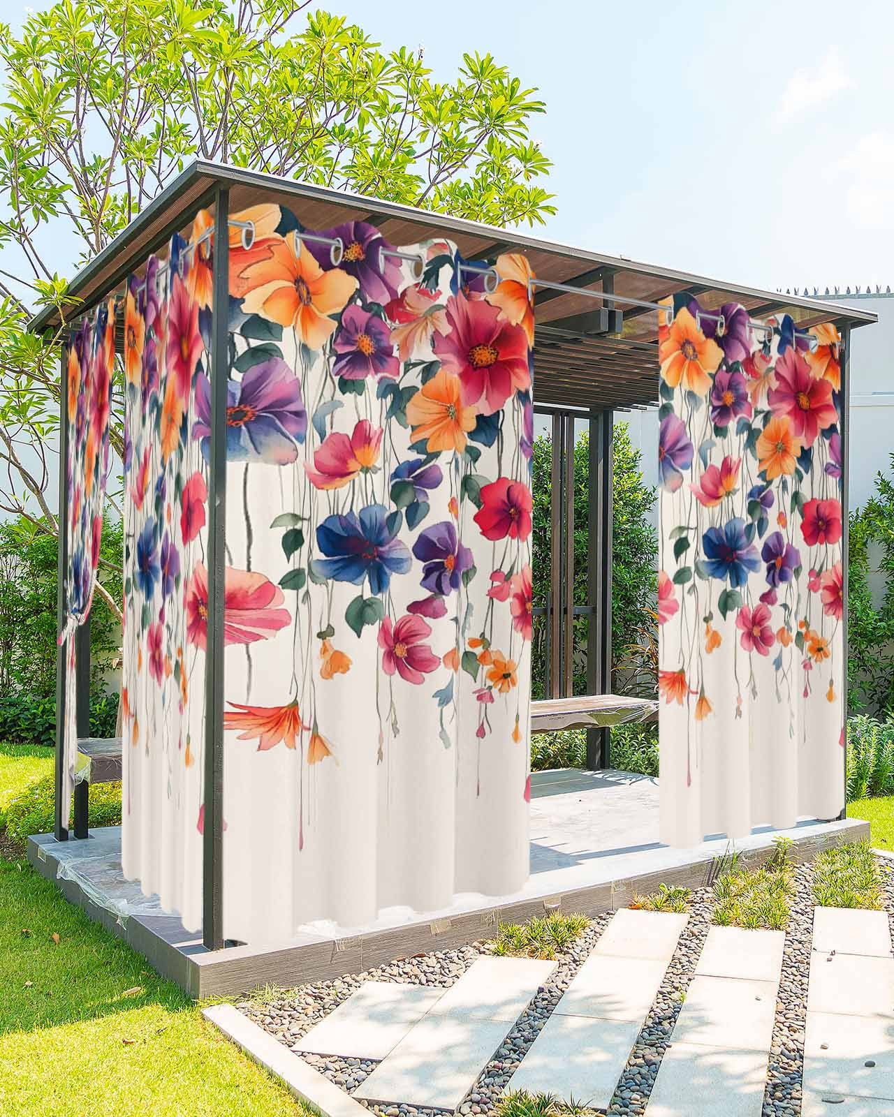 Spring Pulling Curtain nqOlkjepod Outdoor Curtains for Patio Waterproof, Watercolor Flowers ...