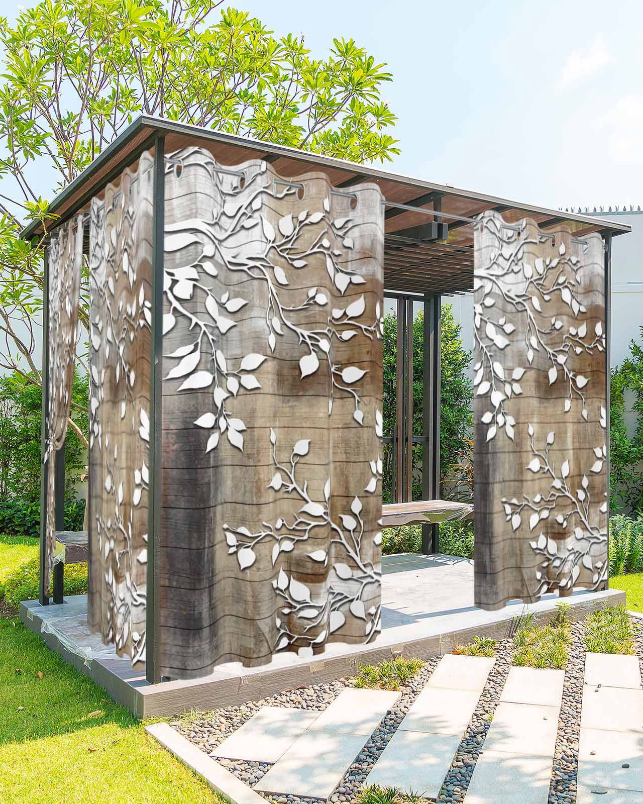 nqOlkjepod Outdoor Curtains for Patio Waterproof, White Branches Outdoor Privacy Panels Grommet, Brown Beige Wooden Grain Blackout Outside Curtains for Porch/Cabana/Pergola/Gazebo 54"x108", 2 Panels