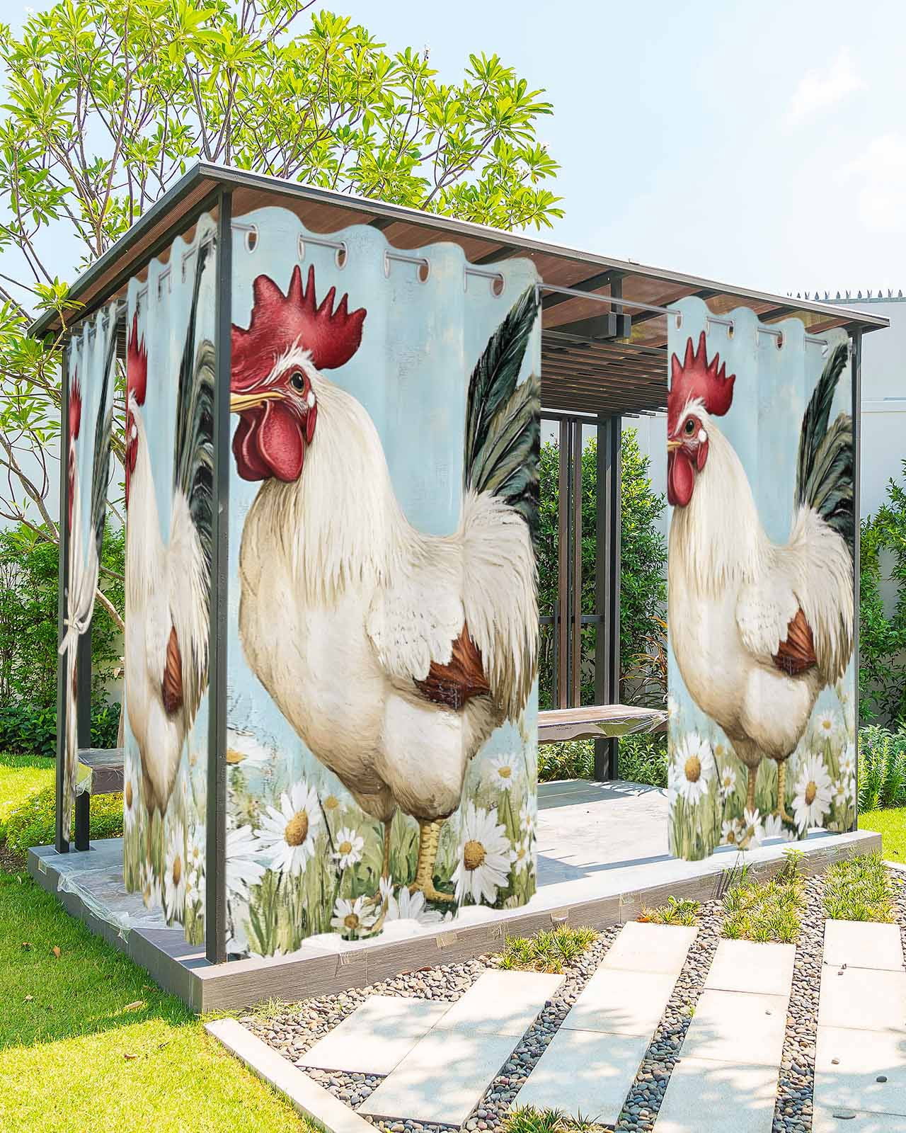 nqOlkjepod Outdoor Curtains for Patio Waterproof, White Spring Floral Rooster Outdoor Privacy Panels Grommet, Vintage Rooster Pastoral Blackout Outside Curtains for Porch/Cabana 54"x84", 1 Panel
