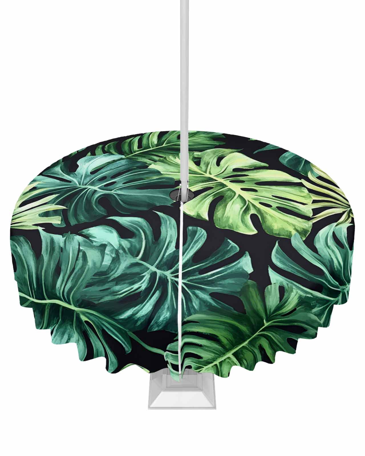 Palm Leaves Round Outdoor Tablecloth With Umbrella Hole - Fitted Cover For 36-44 Inch Tables
