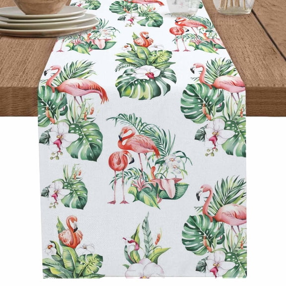 nqOlkjepod Palm Leaves Table Runner 48 Inches Long Farmhouse Dress Scarves, Tropical Flamingo Summer Green Flower Dining Tablerunner for Coffee Table/Kitchen Island/Party Décor, 13" x 48"