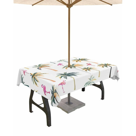 nqOlkjepod Palm Trees Outdoor Tablecloth with Umbrella Hole & Zipper, Watercolor Tropical Flamingo Summer Rectangle Table Cover 52x70 Inch, Dining Waterproof Table Cloth Protector for Patio/Party